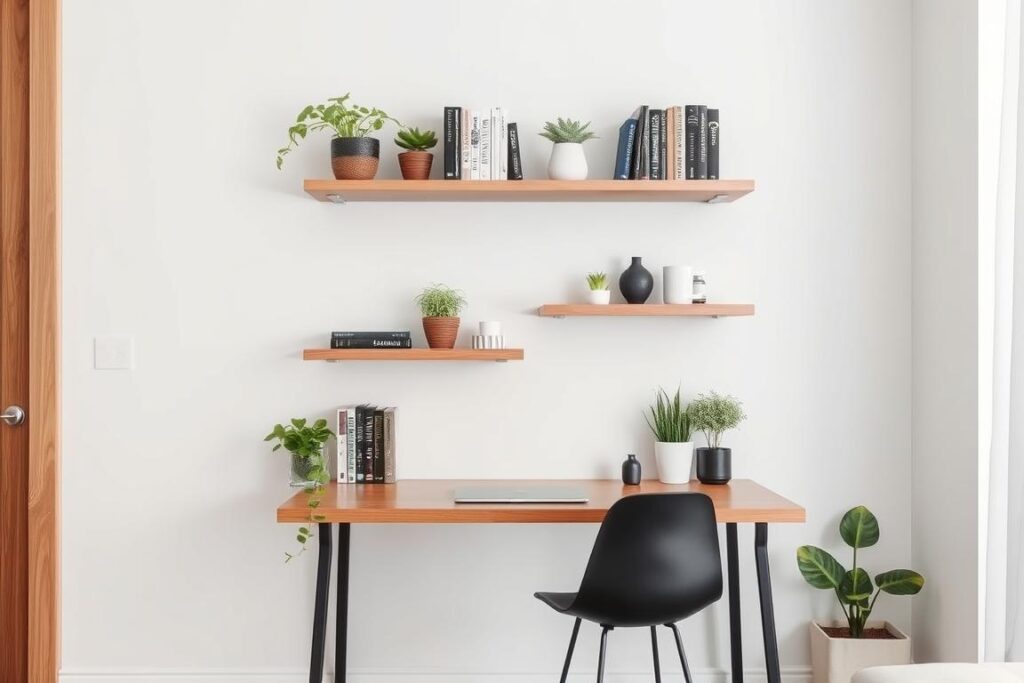 Wall-mounted shelving above a desk in a studio apartment Wall-mounted shelving above a desk in a studio apartment