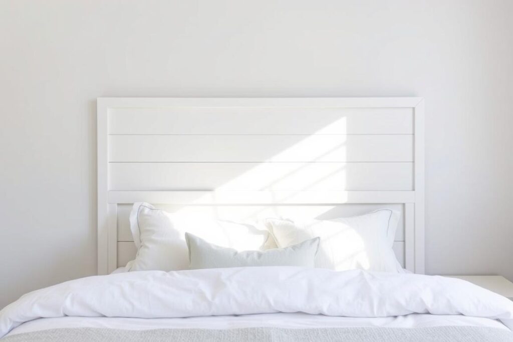 White shiplap farmhouse headboard with horizontal planks and simple trim White shiplap farmhouse headboard with horizontal planks and simple trim