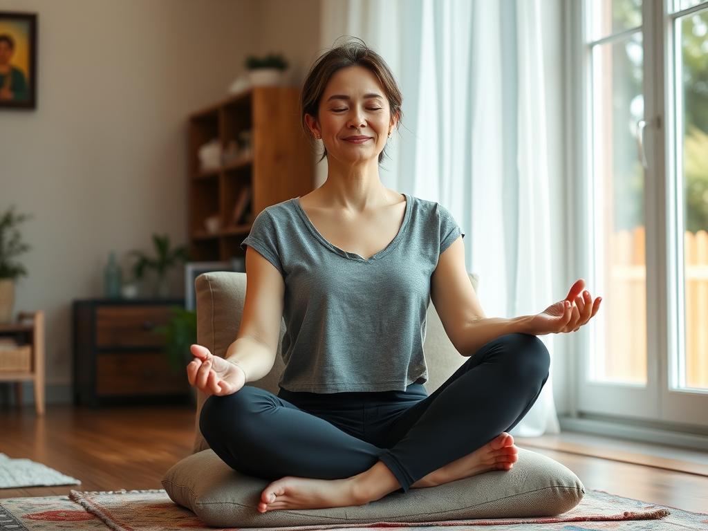 Woman practicing a simple meditation as part of mental health self-care Woman practicing a simple meditation as part of mental health self-care
