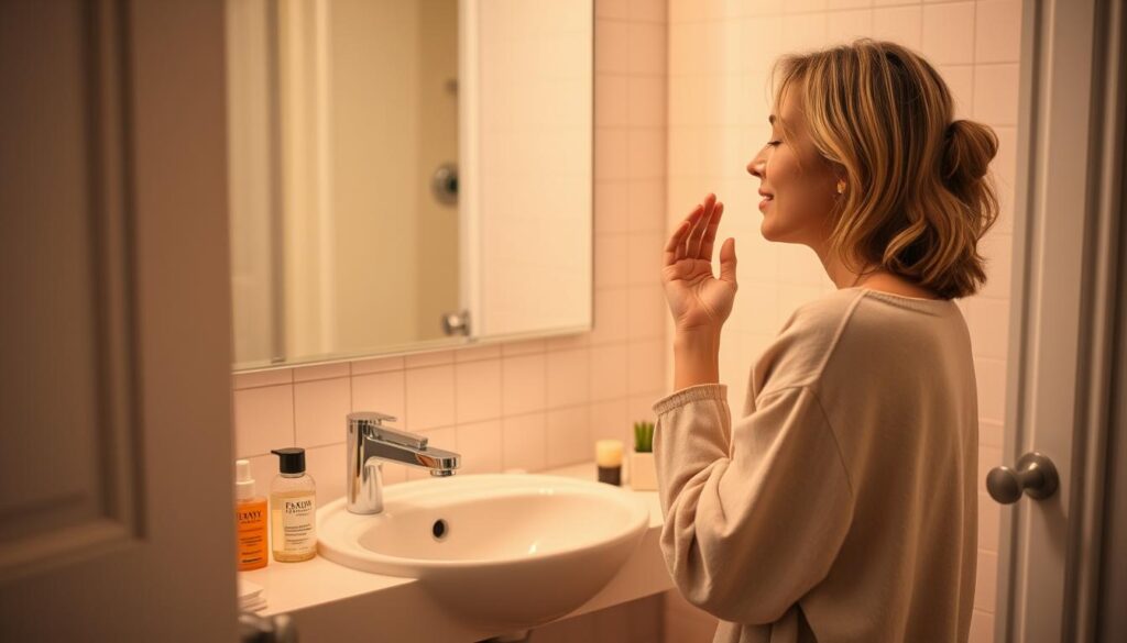 Woman practicing evening skincare routine as part of self-care Woman practicing evening skincare routine as part of self-care