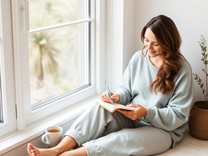 Woman practicing quick morning self-care routine with journal and tea