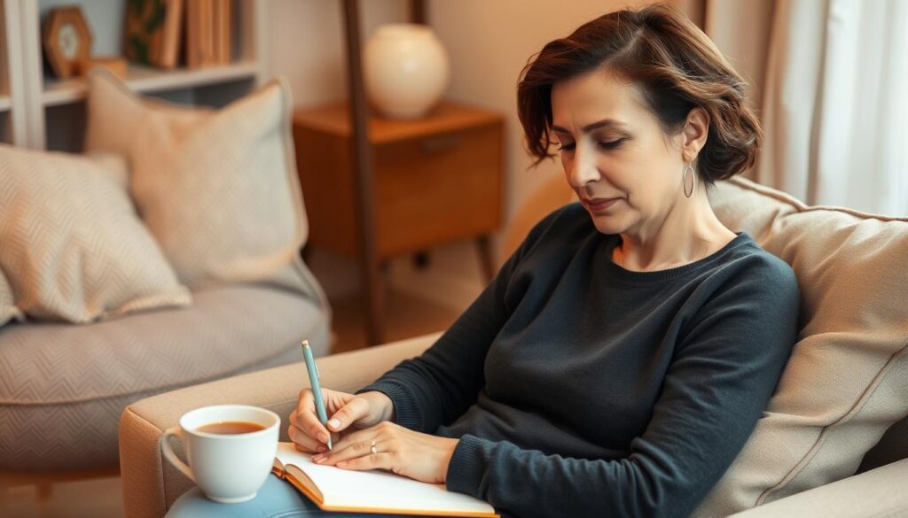 Woman reflecting on self-care progress in journal with cup of tea Woman reflecting on self-care progress in journal with cup of tea