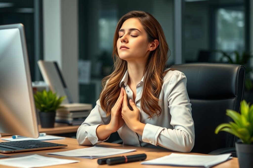 Woman taking a short mindful break at her desk with breathing exercise Woman taking a short mindful break at her desk with breathing exercise