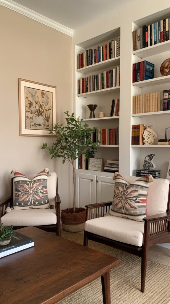A cozy living room corner with a plant, bookshelves, and decorative pillows.