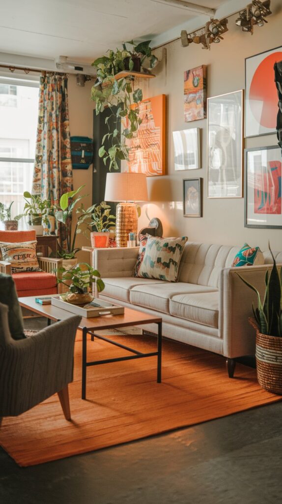 A cozy living room featuring colorful decor, including an orange rug, plants, and eclectic wall art.