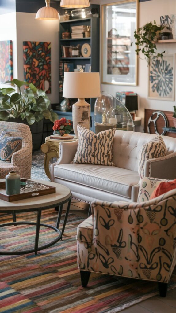 A cozy living room with eclectic furniture, featuring a light sofa, two armchairs, a round coffee table, and colorful decor.