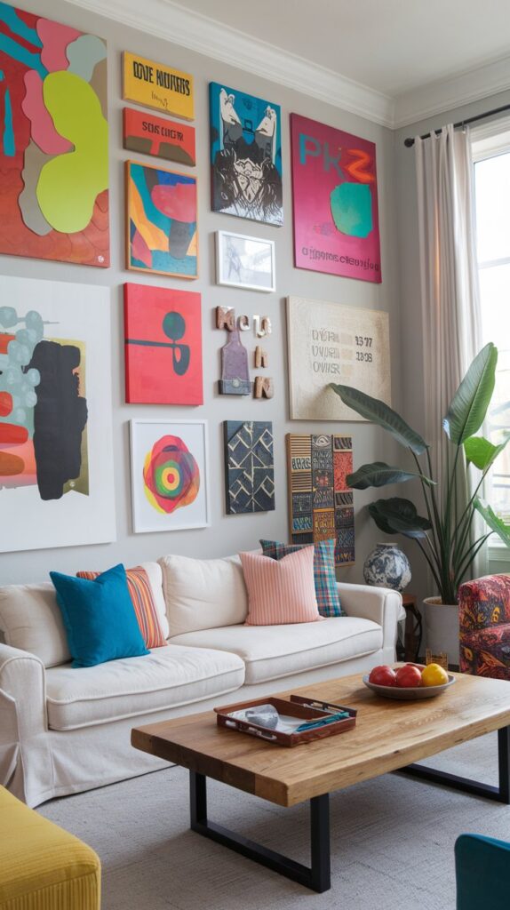 A living room displaying a variety of mixed media art on the wall, featuring bright colors and unique designs.