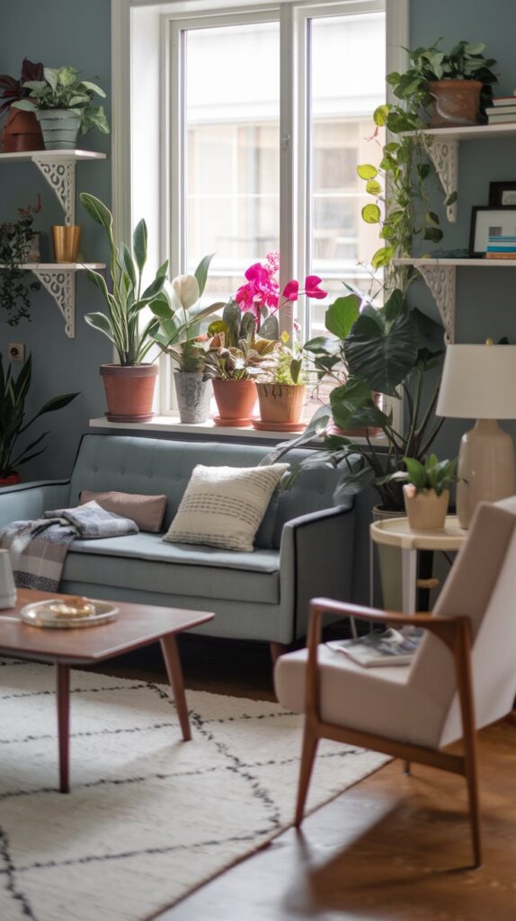 A stylish living room filled with various indoor plants, showcasing a cozy and vibrant atmosphere.
