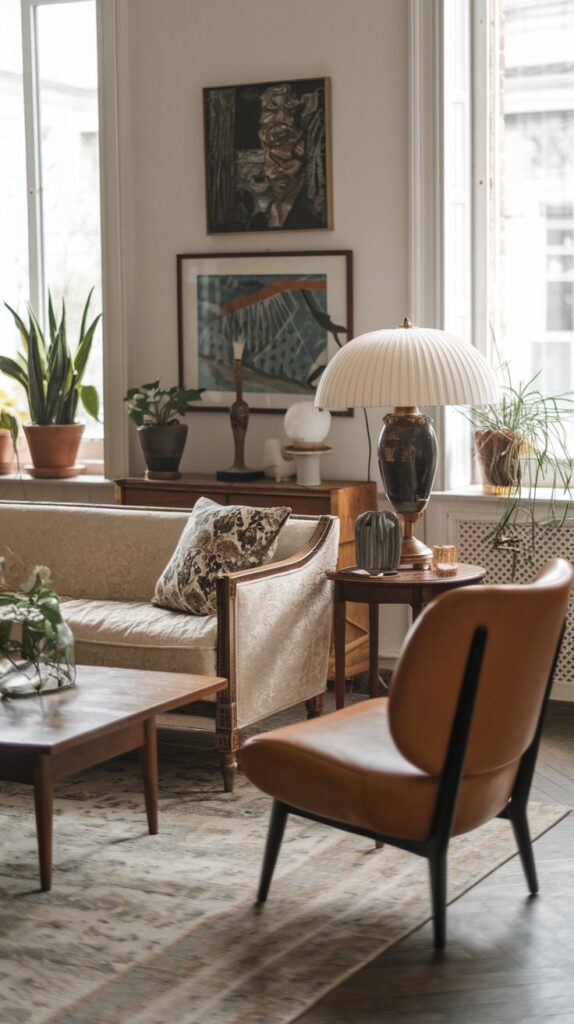 A stylish living room featuring a blend of vintage and modern furniture with artwork on the walls and plants