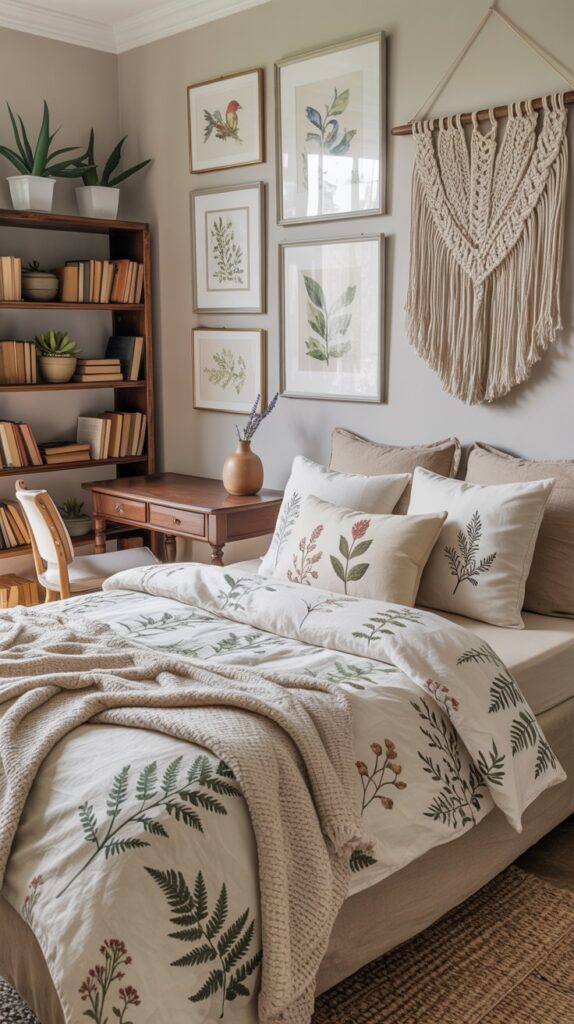 A beautifully decorated teen bedroom featuring nature-inspired wall art with plants and birds, a cozy bed with botanical linens, and wooden furniture.