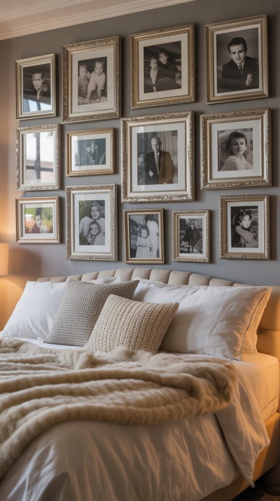 A wall displaying a variety of framed black-and-white family photographs above a cozy bed.