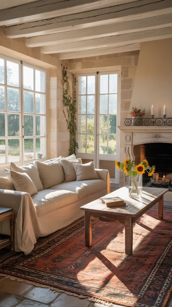 Bright and airy French farmhouse living room with large windows and cozy furniture.