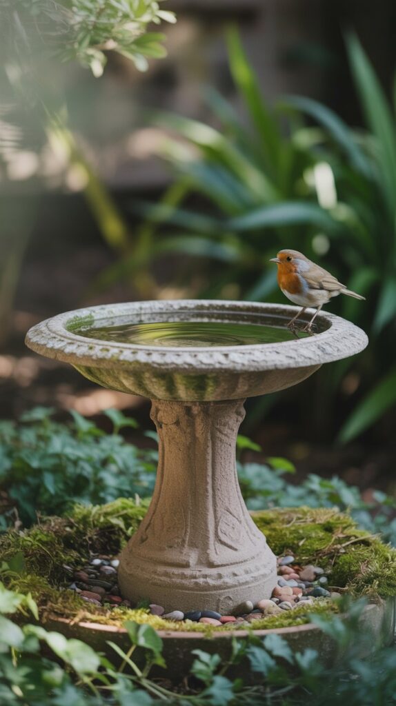 A photograph of a cast stone bird bath situated in a lush, green garden. The bird bath features a broad, shallow bowl filled with clear water, and its textured surface is subtly weathered with age. A small robin perches delicately on the rim, while a few colorful pebbles line the base of the bath, resting on a bed of moss. Soft, dappled sunlight filters through the surrounding foliage, creating a peaceful and serene atmosphere.