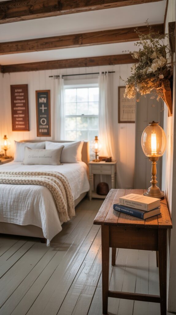 A cozy rustic farmhouse bedroom featuring wooden beams, a bed with white linens, a wooden desk, and decorative wall items.