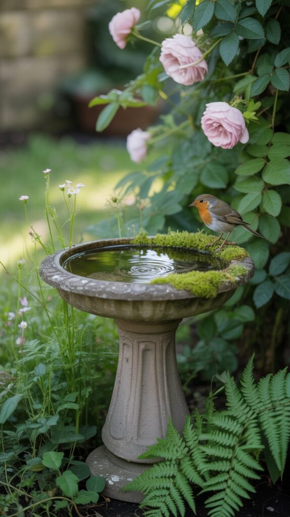 A photograph of a charming stone birdbath nestled within a lush, overgrown cottage garden. The birdbath features a removable basin of smooth, polished ceramic, allowing for easy cleaning and maintenance, and is surrounded by vibrant green moss and delicate wildflowers. A small robin perches on the edge, drinking from the clear water, while ferns and climbing roses frame the scene in the background. Soft, dappled sunlight filters through the leaves, creating a peaceful and inviting atmosphere.