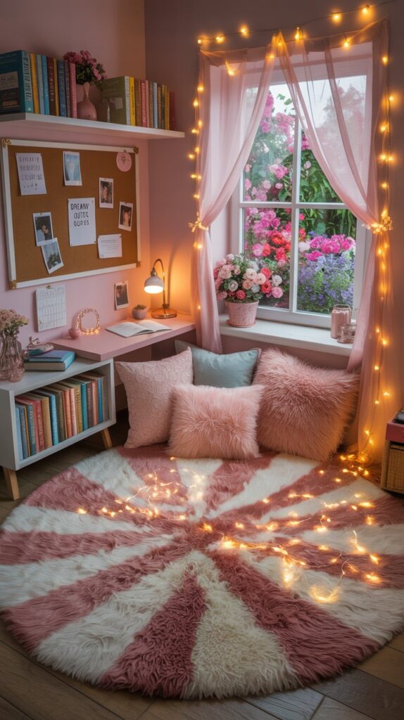 A cozy, whimsical bedroom featuring pink decor, fairy lights, and a plush rug.