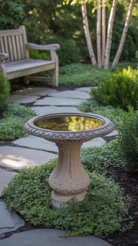 A photograph of a classic stone bird bath nestled amongst a curated garden setting. The bird bath, modeled after the "Chestnut Hill" style, features a weathered stone basin filled with crystal-clear water reflecting the surrounding foliage. A winding stone pathway gracefully frames the bird bath, leading towards a weathered wooden bench partially obscured by low-growing sedum and creeping thyme that softens the hard edges of the stone. Soft, dappled sunlight filters through slender birch trees in the background, casting gentle shadows across the scene.