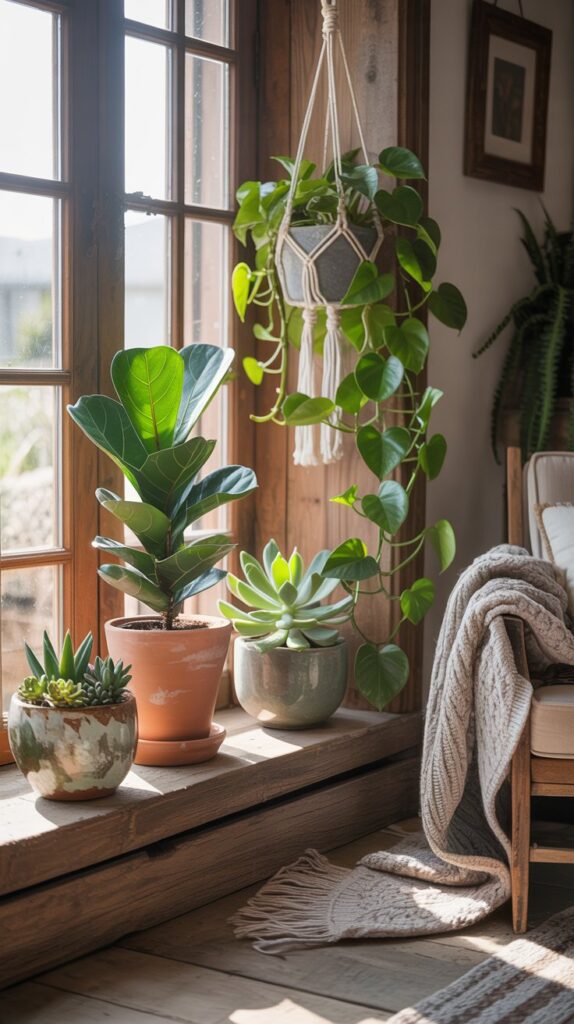 A collection of indoor plants in various pots, enhancing the cozy atmosphere of a farmhouse bedroom.