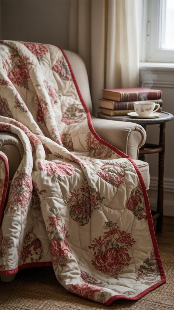 A vintage quilt with red floral patterns draped over an armchair in a cozy bedroom setting.