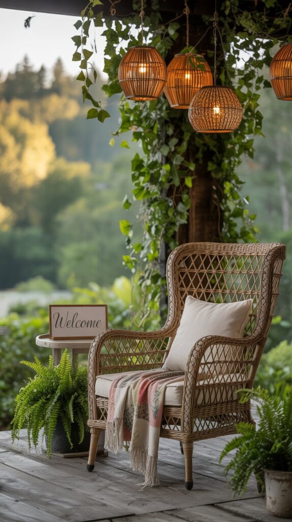 A cozy outdoor space featuring upcycled decor with woven lanterns, plants, and stylish furniture.
