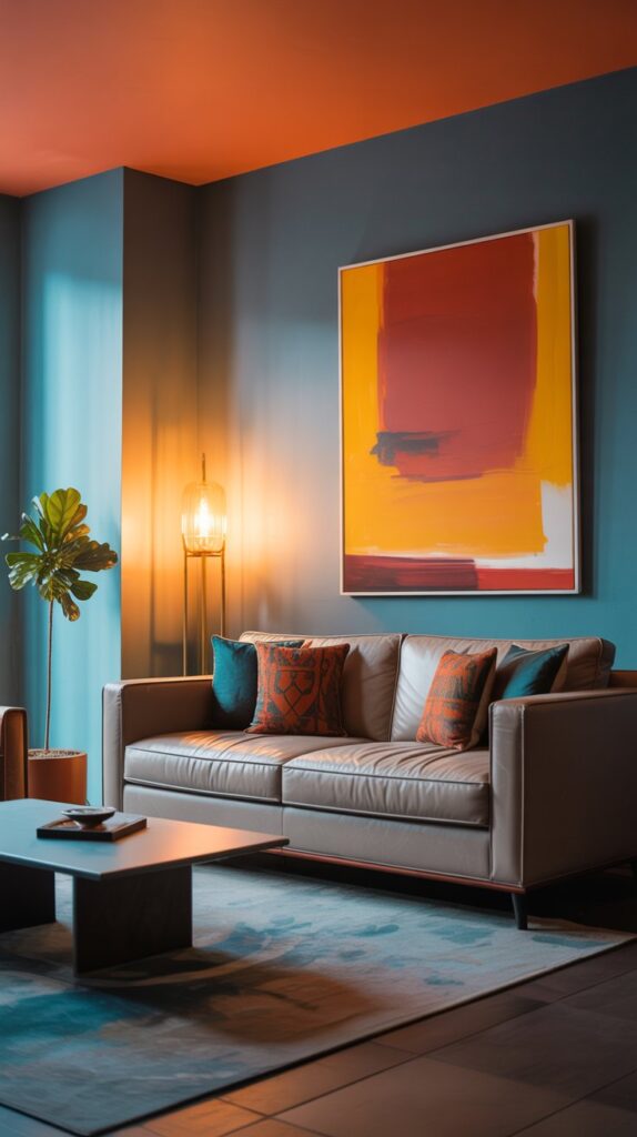 A living room with colorful accent walls featuring blue and orange tones, a cozy sofa, and vibrant decor.