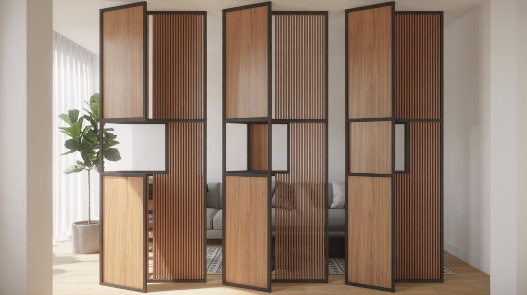 A contemporary modular partition room divider, composed of natural wood panels and metallic frames, creating a semi-structural, open-concept layout. The divider stands tall, with clean lines and a minimalist aesthetic, seamlessly blending into the living space. Soft, diffused lighting filters through the partitions, evoking a warm, inviting ambiance. The angle captures the divider's versatility, showcasing how it can effortlessly divide a room without the permanence of a traditional wall. Subtle shadows and highlights accentuate the materials' textures, adding depth and visual interest to the scene. A contemporary modular partition room divider, composed of natural wood panels and metallic frames, creating a semi-structural, open-concept layout. The divider stands tall, with clean lines and a minimalist aesthetic, seamlessly blending into the living space. Soft, diffused lighting filters through the partitions, evoking a warm, inviting ambiance. The angle captures the divider's versatility, showcasing how it can effortlessly divide a room without the permanence of a traditional wall. Subtle shadows and highlights accentuate the materials' textures, adding depth and visual interest to the scene.