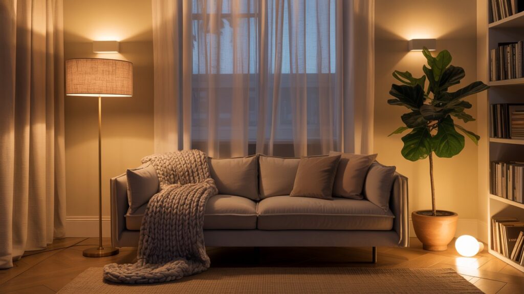 Layered lighting ideas: a cozy, well-lit apartment interior with a soft, warm glow. In the foreground, a mix of table lamps and floor lamps with dimmable bulbs casting a gentle illumination. In the middle ground, recessed ceiling lights and wall sconces provide a subtle, ambient luminance. The background features a large window with sheer curtains, letting in natural daylight and creating a serene, airy atmosphere. The lighting is thoughtfully arranged to highlight key decor elements, like shelves, artwork, and houseplants, creating a harmonious, inviting space. The overall effect is a cohesive, layered lighting design that enhances the small apartment's sense of comfort and coziness. Layered lighting ideas: a cozy, well-lit apartment interior with a soft, warm glow. In the foreground, a mix of table lamps and floor lamps with dimmable bulbs casting a gentle illumination. In the middle ground, recessed ceiling lights and wall sconces provide a subtle, ambient luminance. The background features a large window with sheer curtains, letting in natural daylight and creating a serene, airy atmosphere. The lighting is thoughtfully arranged to highlight key decor elements, like shelves, artwork, and houseplants, creating a harmonious, inviting space. The overall effect is a cohesive, layered lighting design that enhances the small apartment's sense of comfort and coziness.