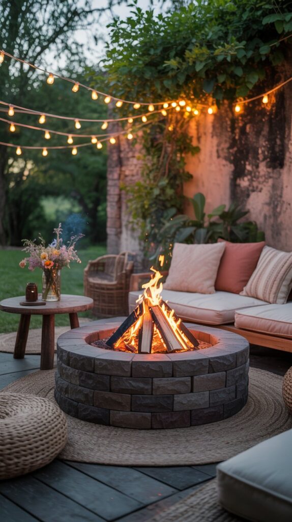 Cozy bohemian fire pit area with seating, warm flames, and string lights.