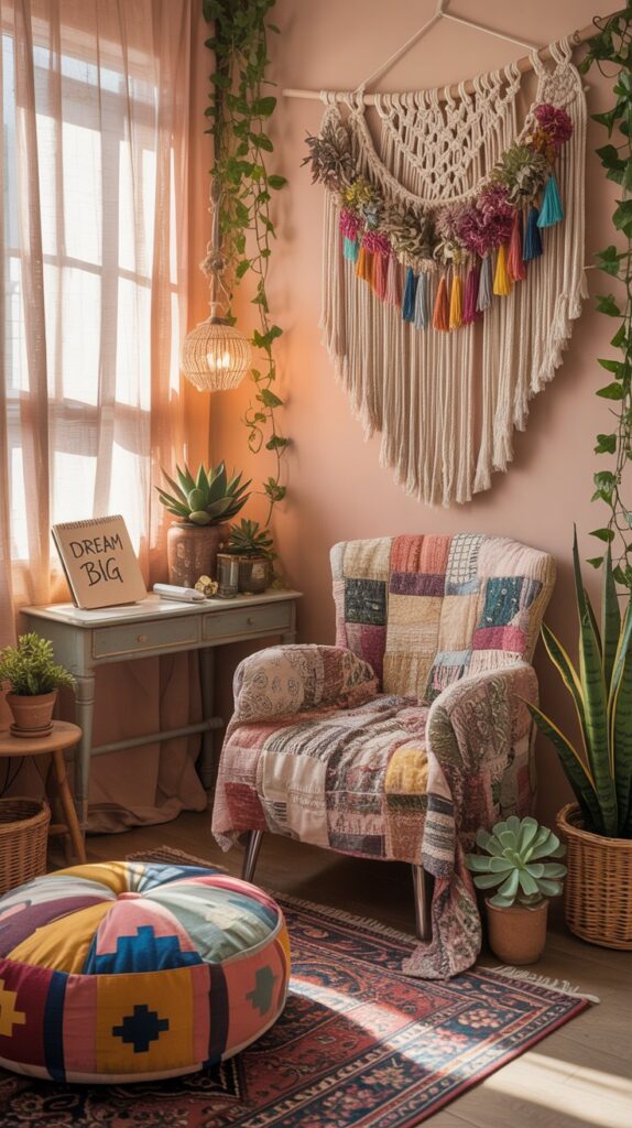 A cozy bohemian-style bedroom featuring vibrant textiles, plants, and colorful decor.