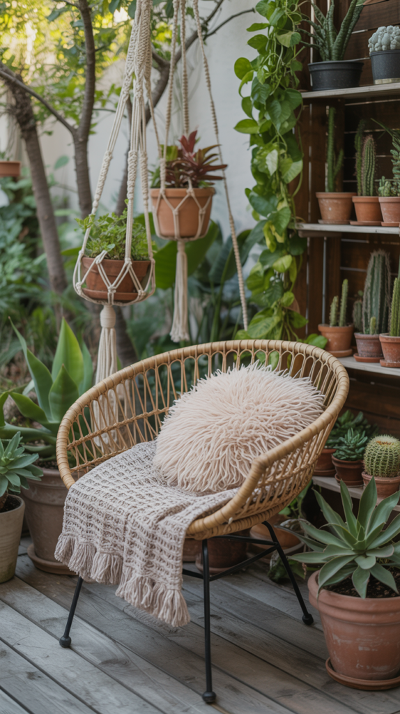 A cozy outdoor boho collection of potted plants including hanging plants, large leafy plants, and various types of succulents, arranged beautifully