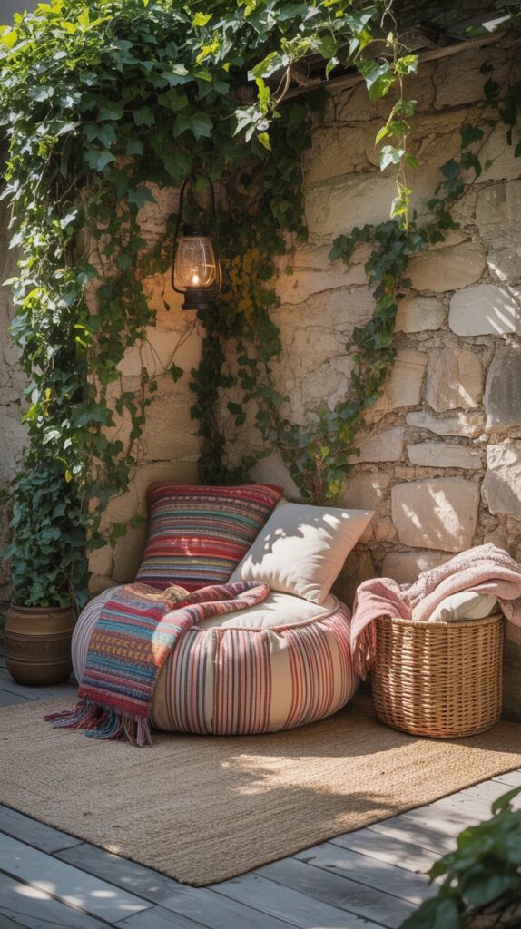 An outdoor seating area with layered textured fabrics including colorful blankets, a woven basket, and a round pouf, set against a stone wall.