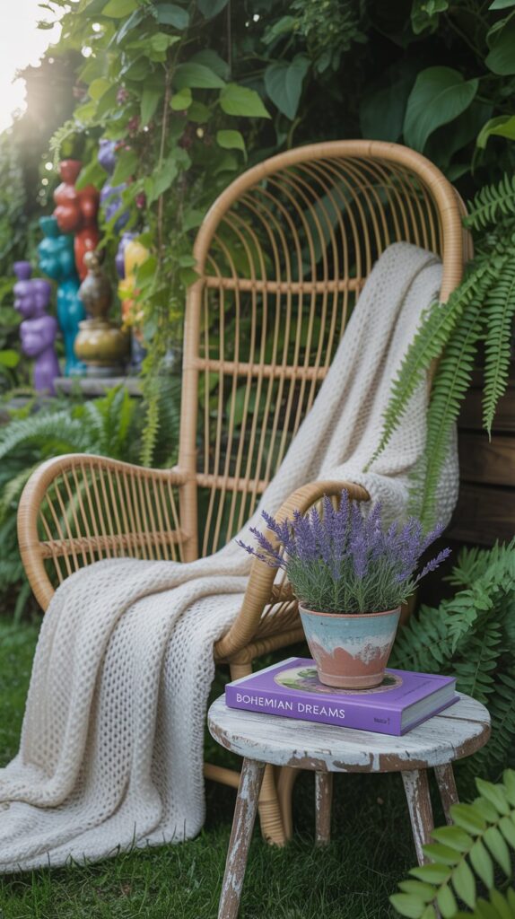 A colorful outdoor space featuring various sculptures and plants, creating a playful and inviting atmosphere.