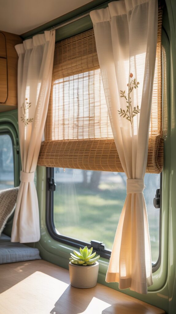 Stylish window treatments in a small camper interior featuring curtains and shades.