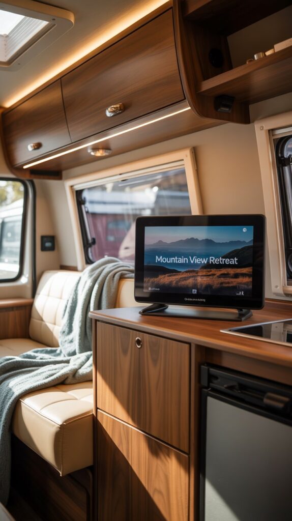Cozy small camper interior with integrated technology and wooden cabinetry.