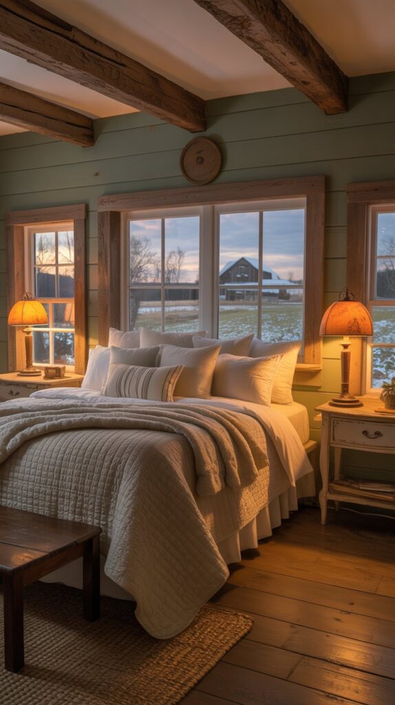 Cozy farmhouse bedroom with warm lighting and rustic decor