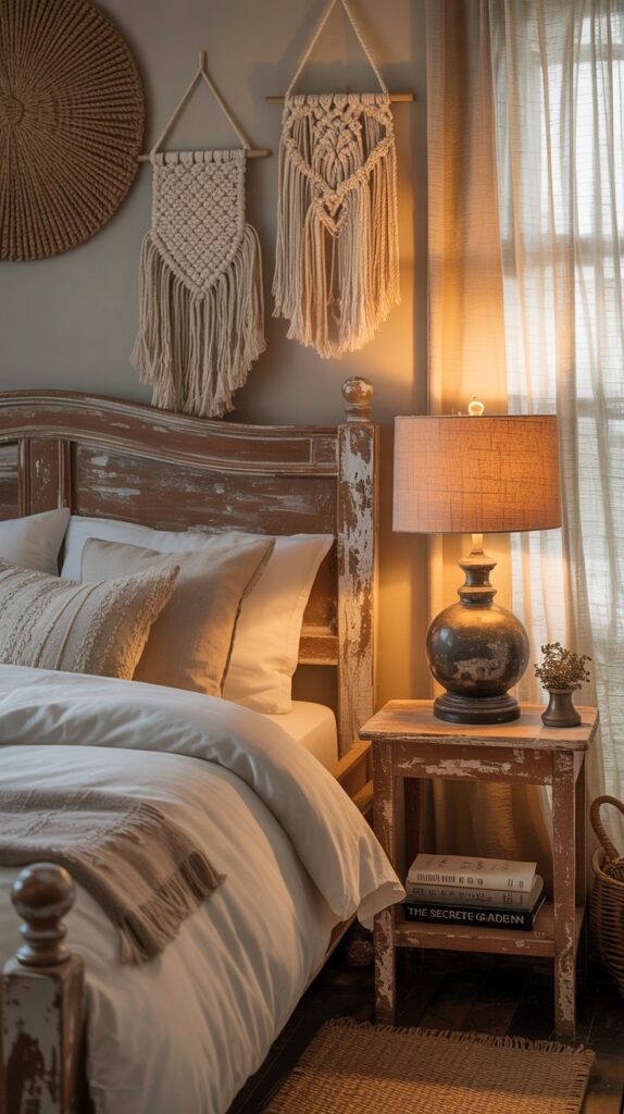 A cozy farmhouse bedroom featuring textured wall hangings, including circular and macramé designs, with a wooden bed frame and bedside table.