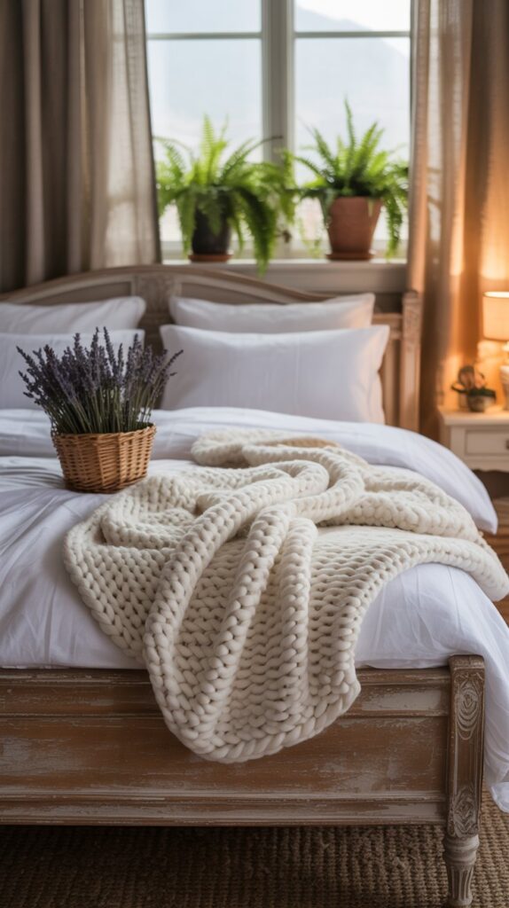 A cozy farmhouse bedroom featuring a wooden bed with white linen bedding, a woven basket, and plants.