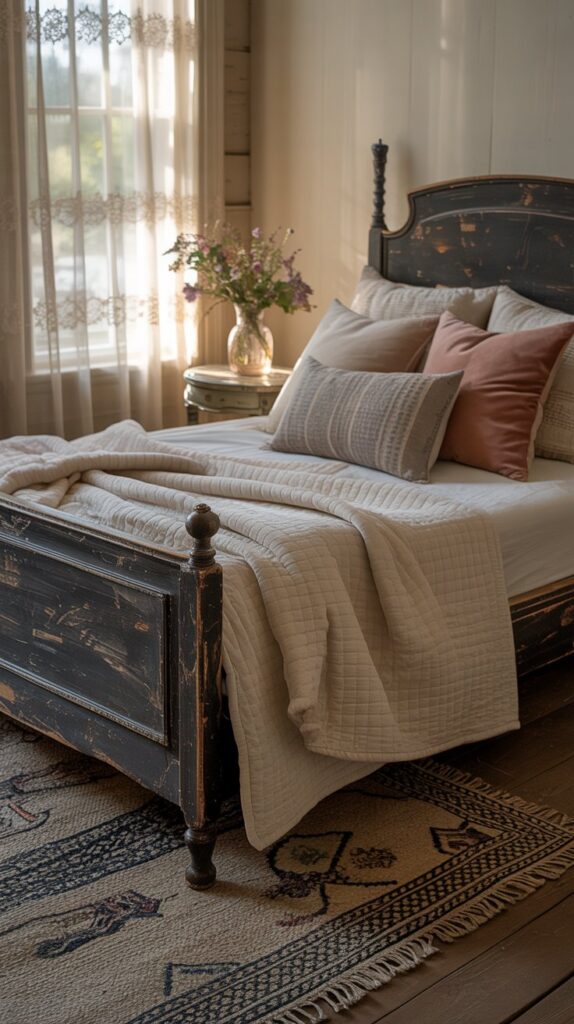A cozy farmhouse bedroom featuring a rustic wooden bed frame with warm bedding and decorative pillows.
