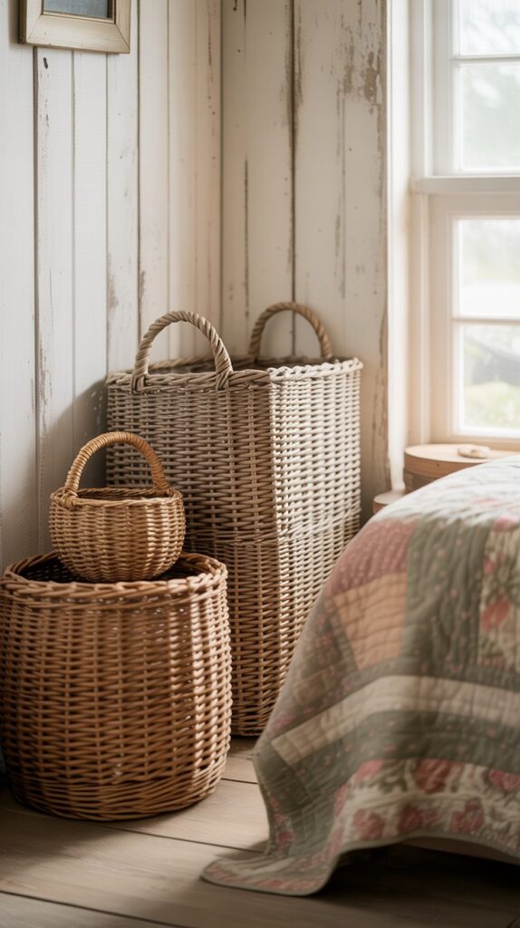 A cozy farmhouse bedroom with woven baskets for storage, showcasing various sizes and textures.