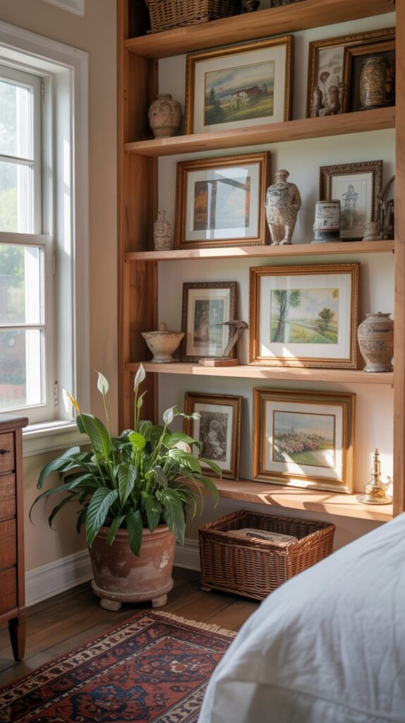 Cozy farmhouse bedroom with open wooden shelving displaying framed art, decorative items, and a potted plant.
