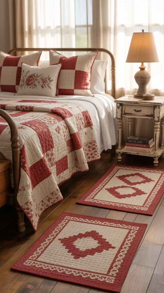 A cozy farmhouse bedroom with layered rugs in red and cream patterns on wooden flooring.