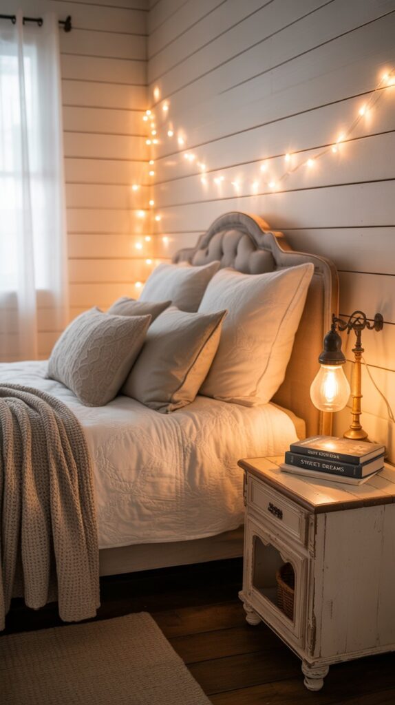 Cozy farmhouse bedroom with fairy lights, shiplap walls, and soft bedding.
