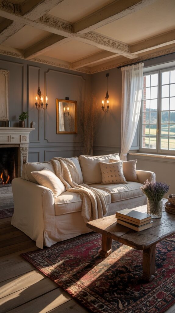 A stylish French farmhouse living room featuring gray accent walls, intricate ceiling details, and a classic fireplace.