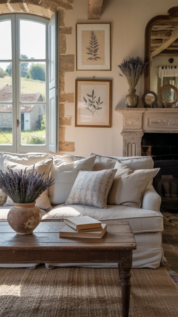 A cozy French farmhouse living room with an eclectic mix of textures and patterns, showcasing furniture, plants, and wall art.