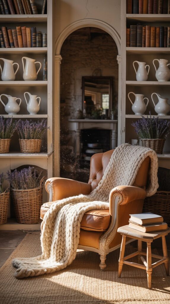 A cozy French farmhouse living room with white pitchers, books on shelves, and woven baskets.