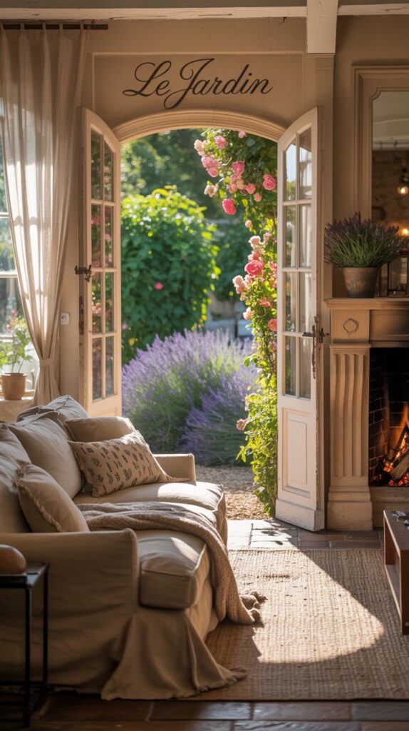 A living room featuring classic French doors that open to a beautiful garden.