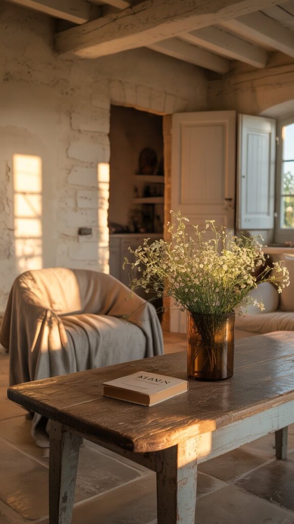 A cozy living room with whitewashed walls, light wood beams, and a wooden table with a contemporary chair.