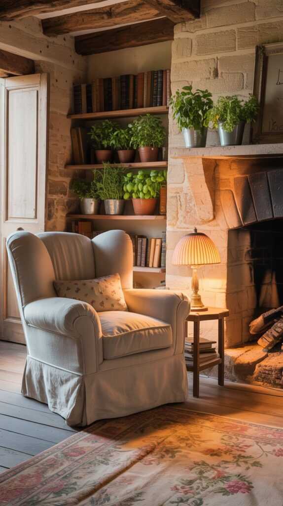 Cozy French farmhouse living room featuring a warm fireplace and comfortable seating.