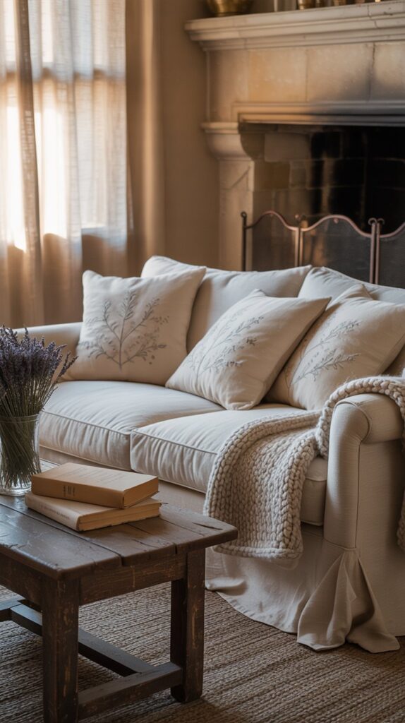 Cozy French farmhouse living room featuring soft linen textiles and warm throws.