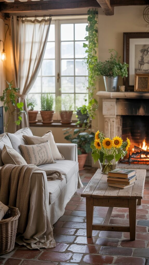 A cozy living room featuring various potted plants, a comfortable sofa, and wooden furniture.